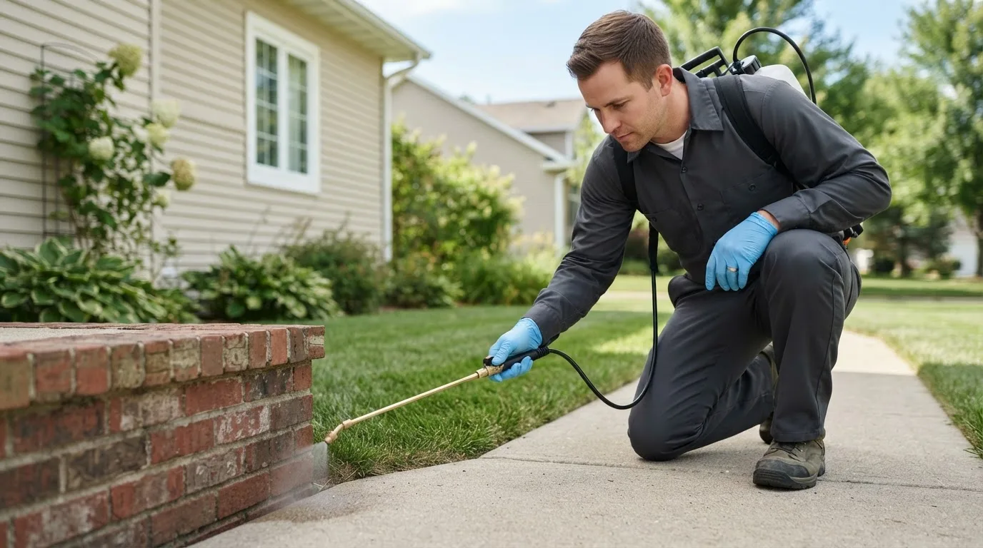 Pest control technician treating a home near Bantam, CT